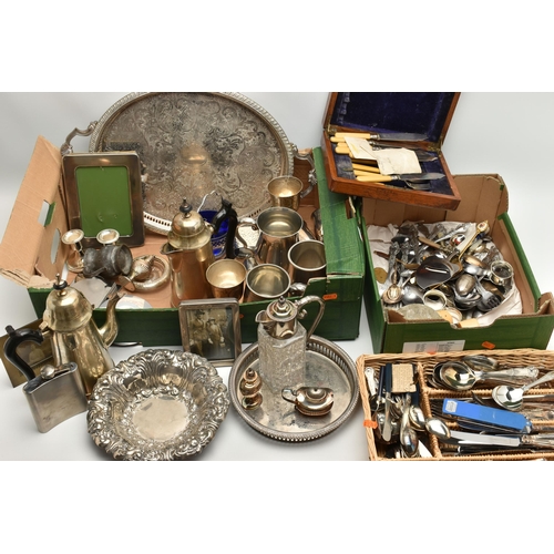 231 - TWO BOXES OF ASSORTED WHITE METAL WARE, to include an oval tray, circular tray, goblets, coffee pot,... 