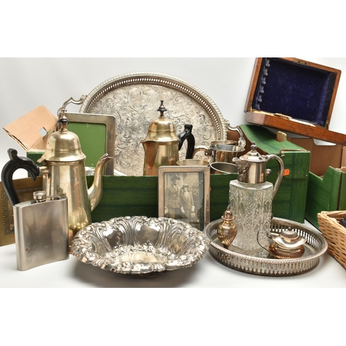 231 - TWO BOXES OF ASSORTED WHITE METAL WARE, to include an oval tray, circular tray, goblets, coffee pot,... 