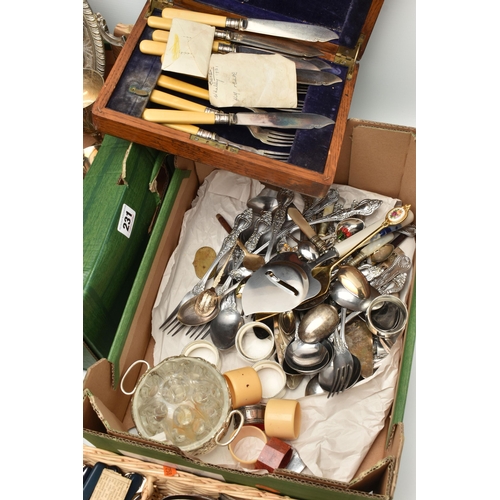 231 - TWO BOXES OF ASSORTED WHITE METAL WARE, to include an oval tray, circular tray, goblets, coffee pot,... 