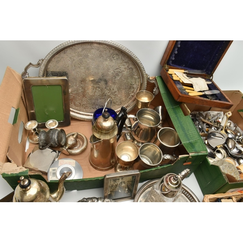 231 - TWO BOXES OF ASSORTED WHITE METAL WARE, to include an oval tray, circular tray, goblets, coffee pot,... 