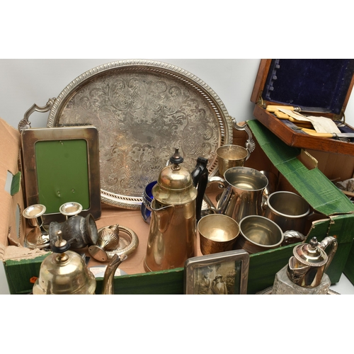 231 - TWO BOXES OF ASSORTED WHITE METAL WARE, to include an oval tray, circular tray, goblets, coffee pot,... 