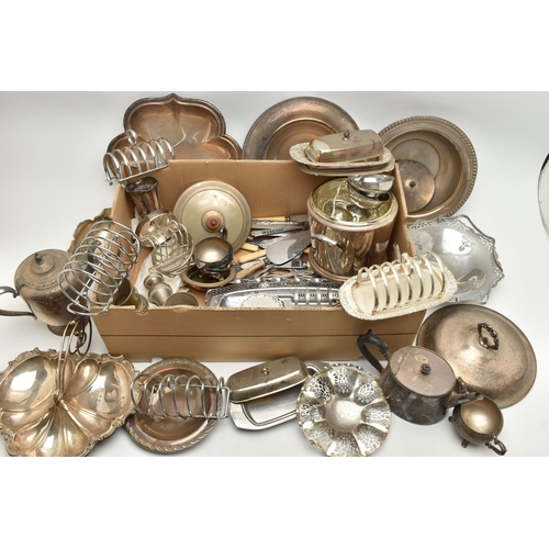 232 - A BOX OF WHITE METAL WARE, to include trays, toast racks, basket trays, coasters, pie servers, ice b... 