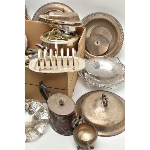 232 - A BOX OF WHITE METAL WARE, to include trays, toast racks, basket trays, coasters, pie servers, ice b... 