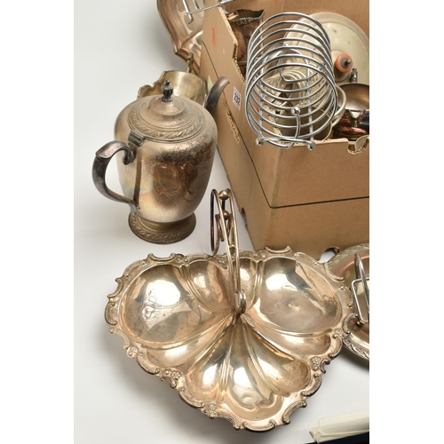 232 - A BOX OF WHITE METAL WARE, to include trays, toast racks, basket trays, coasters, pie servers, ice b... 