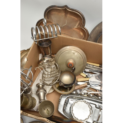 232 - A BOX OF WHITE METAL WARE, to include trays, toast racks, basket trays, coasters, pie servers, ice b... 