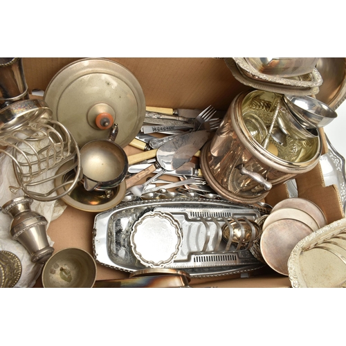 232 - A BOX OF WHITE METAL WARE, to include trays, toast racks, basket trays, coasters, pie servers, ice b... 