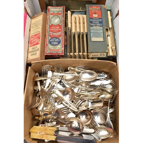 233 - A BOX OF ASSORTED WHITE METAL WARE AND A CANTEEN, to include an incomplete canteen, a box of assorte... 