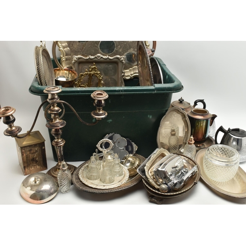 234 - A GREEN PLASTIC BOX OF WHITE METAL WARE, to include a three branch silver plated candelabra, a white... 