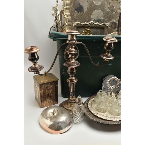 234 - A GREEN PLASTIC BOX OF WHITE METAL WARE, to include a three branch silver plated candelabra, a white... 