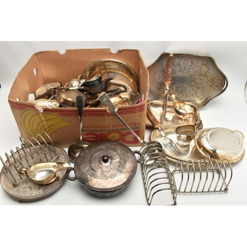 235 - A BOX OF ASSORTED WHITE METAL WARE, to include toast racks, trays, gravy boat, entree dishes, ice bu... 