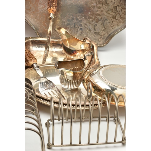 235 - A BOX OF ASSORTED WHITE METAL WARE, to include toast racks, trays, gravy boat, entree dishes, ice bu... 