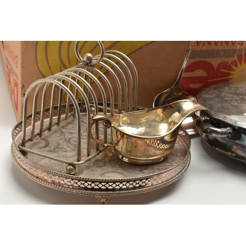 235 - A BOX OF ASSORTED WHITE METAL WARE, to include toast racks, trays, gravy boat, entree dishes, ice bu... 