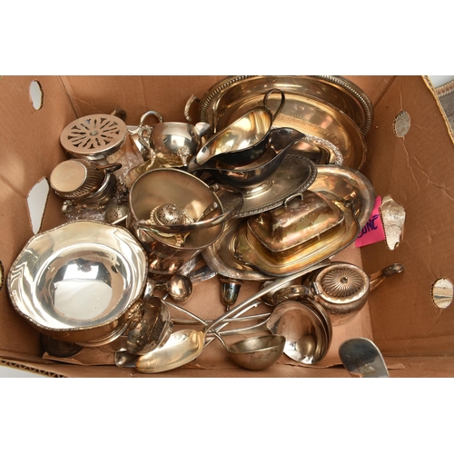 235 - A BOX OF ASSORTED WHITE METAL WARE, to include toast racks, trays, gravy boat, entree dishes, ice bu... 