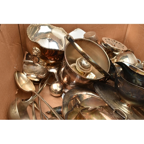 235 - A BOX OF ASSORTED WHITE METAL WARE, to include toast racks, trays, gravy boat, entree dishes, ice bu... 