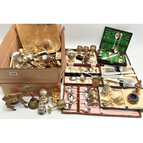 236 - A BOX OF ASSORTED WHITE METAL WARE, to include a tray, small goblets, napkin rings, pepperettes, loo... 