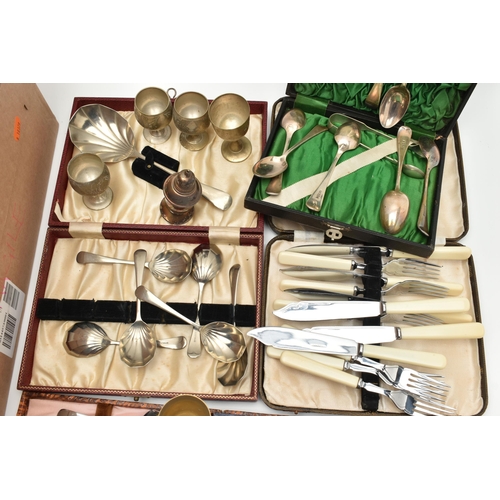 236 - A BOX OF ASSORTED WHITE METAL WARE, to include a tray, small goblets, napkin rings, pepperettes, loo... 