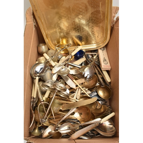 236 - A BOX OF ASSORTED WHITE METAL WARE, to include a tray, small goblets, napkin rings, pepperettes, loo... 