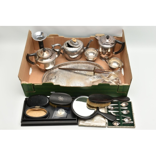 237 - A BOX OF ASSORTED ITEMS, to include an Ebony vanity set, a four piece tea set, a tea pot and an asso... 