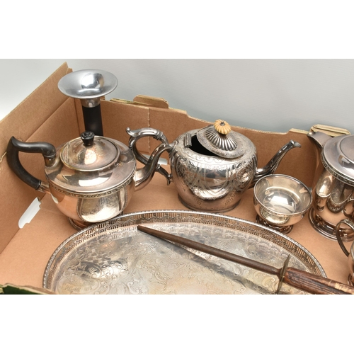 237 - A BOX OF ASSORTED ITEMS, to include an Ebony vanity set, a four piece tea set, a tea pot and an asso... 