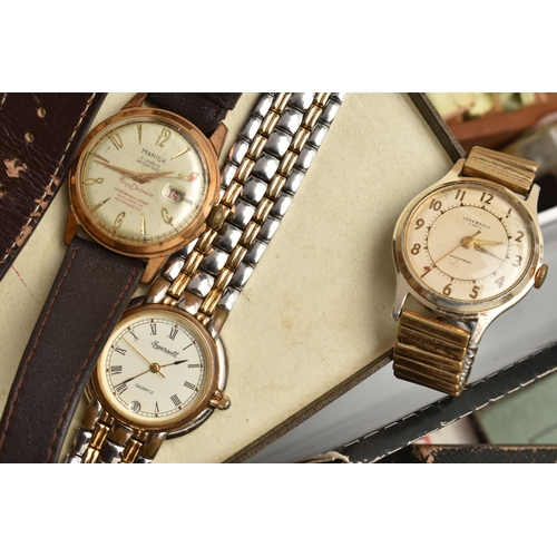 239 - A BOX OF ASSORTED WATCHES AND WATCH PARTS, to include a 9ct gold wristwatch, hand wound movement, si... 