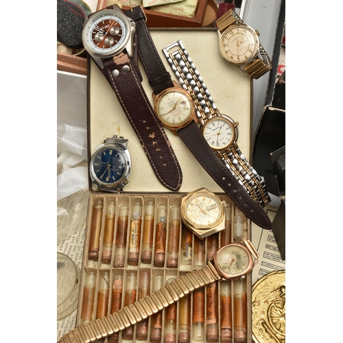 239 - A BOX OF ASSORTED WATCHES AND WATCH PARTS, to include a 9ct gold wristwatch, hand wound movement, si... 