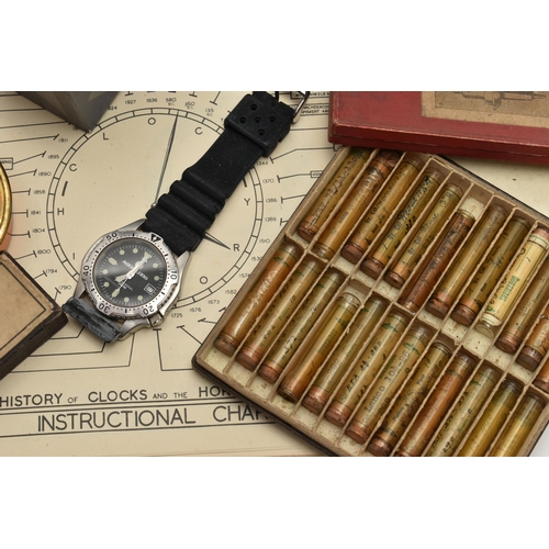 239 - A BOX OF ASSORTED WATCHES AND WATCH PARTS, to include a 9ct gold wristwatch, hand wound movement, si... 