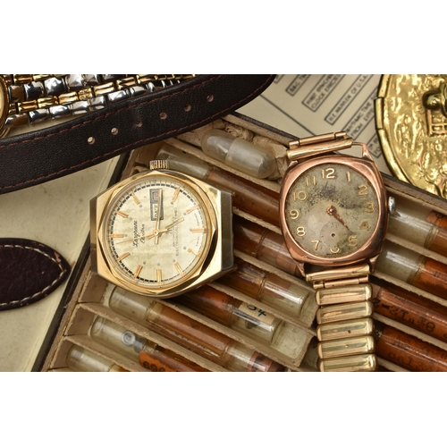 239 - A BOX OF ASSORTED WATCHES AND WATCH PARTS, to include a 9ct gold wristwatch, hand wound movement, si... 