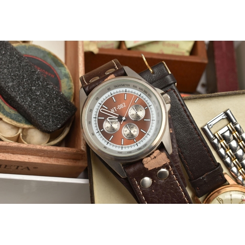 239 - A BOX OF ASSORTED WATCHES AND WATCH PARTS, to include a 9ct gold wristwatch, hand wound movement, si... 