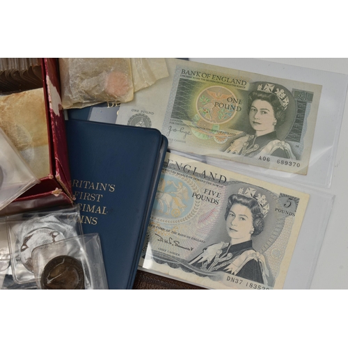 240 - A BOX OF MIXED COINAGE, to include Bank of England Banknotes  with Amounts of £1, Fforde 87R Ten Shi... 