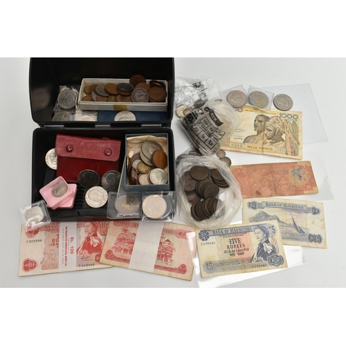 241 - A PLASTIC BOX CONTAINING COINS AND BANKNOTES, to include Mauritius Banknotes 2x Five Rupees, 18x Ten... 