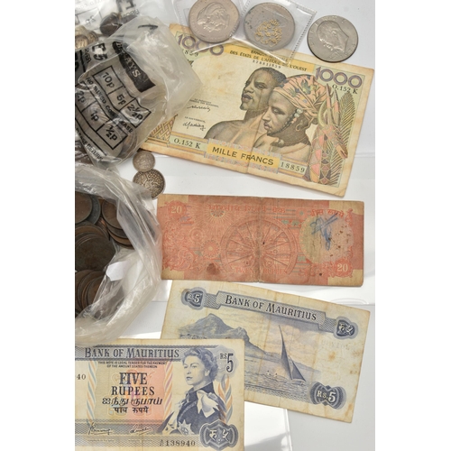 241 - A PLASTIC BOX CONTAINING COINS AND BANKNOTES, to include Mauritius Banknotes 2x Five Rupees, 18x Ten... 