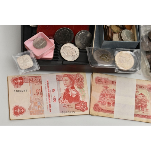 241 - A PLASTIC BOX CONTAINING COINS AND BANKNOTES, to include Mauritius Banknotes 2x Five Rupees, 18x Ten... 