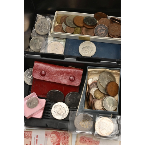 241 - A PLASTIC BOX CONTAINING COINS AND BANKNOTES, to include Mauritius Banknotes 2x Five Rupees, 18x Ten... 