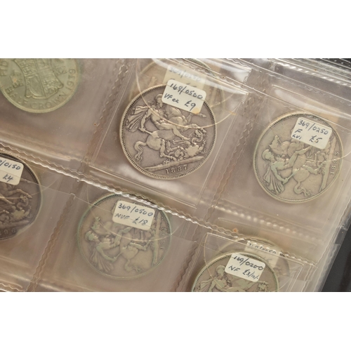 242 - A CARDBOARD BOX CONTAINING A COIN ALBUM WITH MOSTLY UK COINS, to include 17 X Victoria Crown coins, ... 