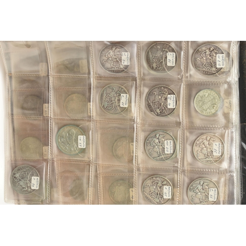 242 - A CARDBOARD BOX CONTAINING A COIN ALBUM WITH MOSTLY UK COINS, to include 17 X Victoria Crown coins, ... 