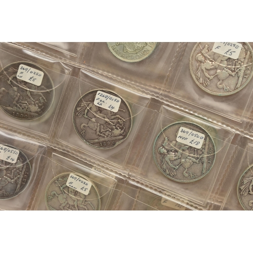 242 - A CARDBOARD BOX CONTAINING A COIN ALBUM WITH MOSTLY UK COINS, to include 17 X Victoria Crown coins, ... 