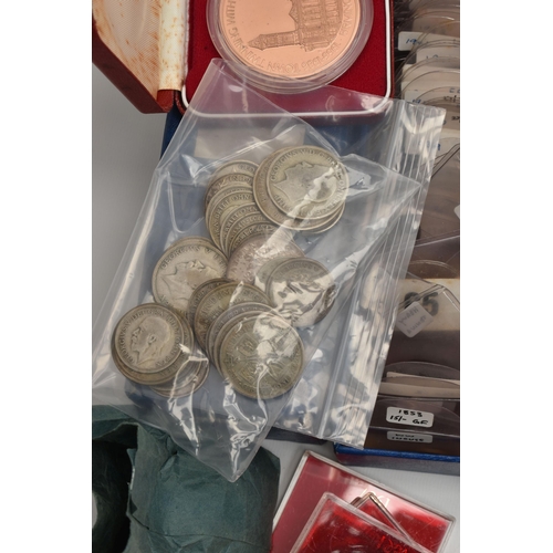 242 - A CARDBOARD BOX CONTAINING A COIN ALBUM WITH MOSTLY UK COINS, to include 17 X Victoria Crown coins, ... 