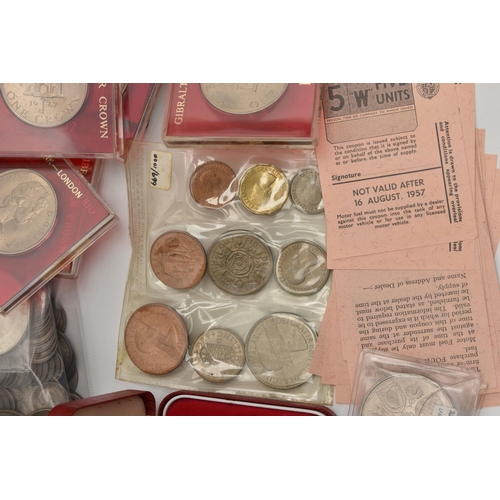 242 - A CARDBOARD BOX CONTAINING A COIN ALBUM WITH MOSTLY UK COINS, to include 17 X Victoria Crown coins, ... 