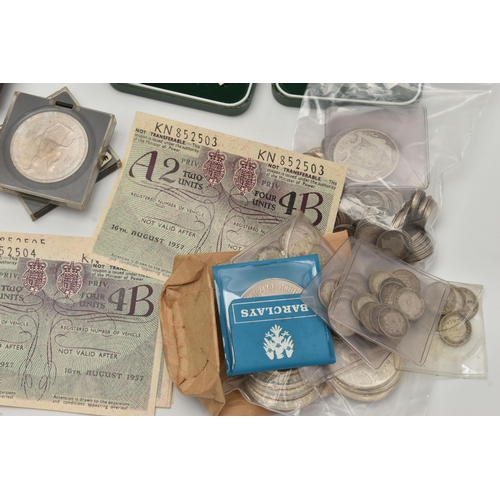 242 - A CARDBOARD BOX CONTAINING A COIN ALBUM WITH MOSTLY UK COINS, to include 17 X Victoria Crown coins, ... 