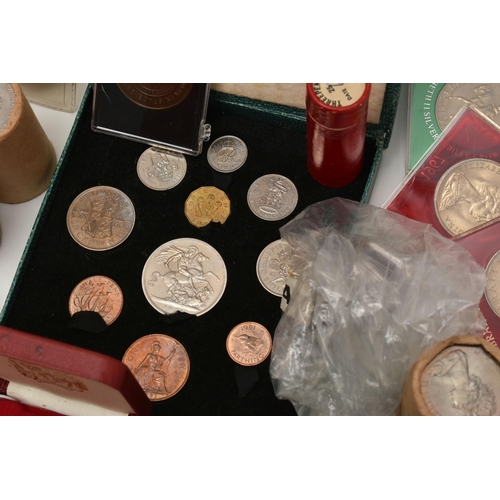 242 - A CARDBOARD BOX CONTAINING A COIN ALBUM WITH MOSTLY UK COINS, to include 17 X Victoria Crown coins, ... 