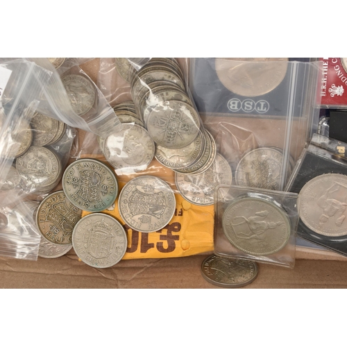 243 - A CARDBOARD TRAY CONTAINING 20th CENTURY COINAGE, to include over 2 Kilos of .500 Silver with high g... 