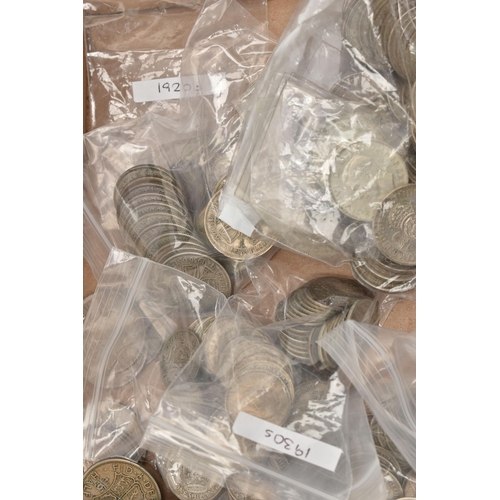 243 - A CARDBOARD TRAY CONTAINING 20th CENTURY COINAGE, to include over 2 Kilos of .500 Silver with high g... 