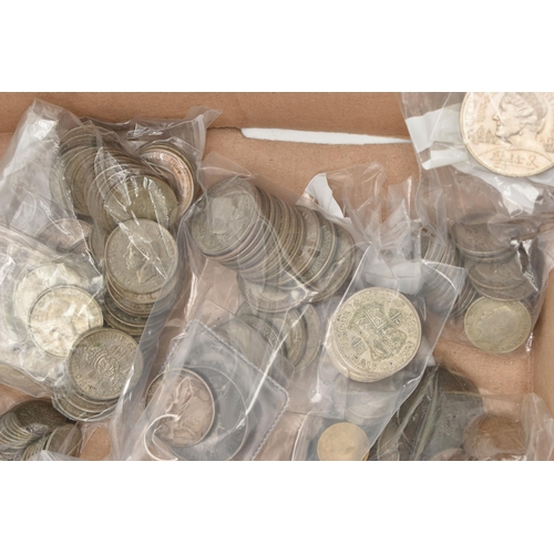 243 - A CARDBOARD TRAY CONTAINING 20th CENTURY COINAGE, to include over 2 Kilos of .500 Silver with high g... 