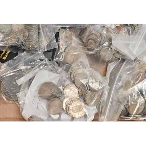 243 - A CARDBOARD TRAY CONTAINING 20th CENTURY COINAGE, to include over 2 Kilos of .500 Silver with high g... 