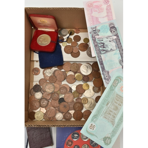 246 - A CARDBOARD BOX  OF MIXED COINAGE, to include a 2011 complete set of Fifty Pence coins for the 2012 ... 