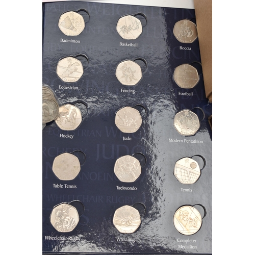 246 - A CARDBOARD BOX  OF MIXED COINAGE, to include a 2011 complete set of Fifty Pence coins for the 2012 ... 