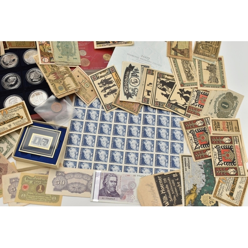 249 - A CARDBOARD BOX CONTAINING COINS, BANKNOTES AND STAMPS, to include 8x Silver Proof Queen Elizabeth I... 