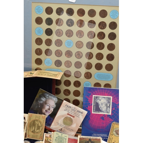 249 - A CARDBOARD BOX CONTAINING COINS, BANKNOTES AND STAMPS, to include 8x Silver Proof Queen Elizabeth I... 