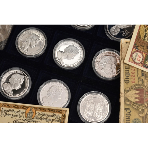 249 - A CARDBOARD BOX CONTAINING COINS, BANKNOTES AND STAMPS, to include 8x Silver Proof Queen Elizabeth I... 