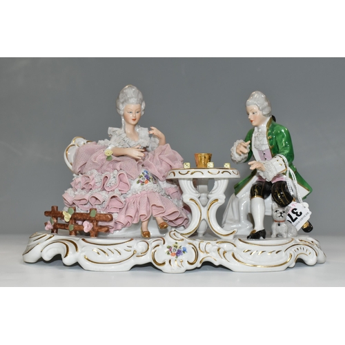 379 - A SANDIZELL PORCELAIN FIGURAL GROUP, mid-century lace detail figure of a young couple playing dice, ... 